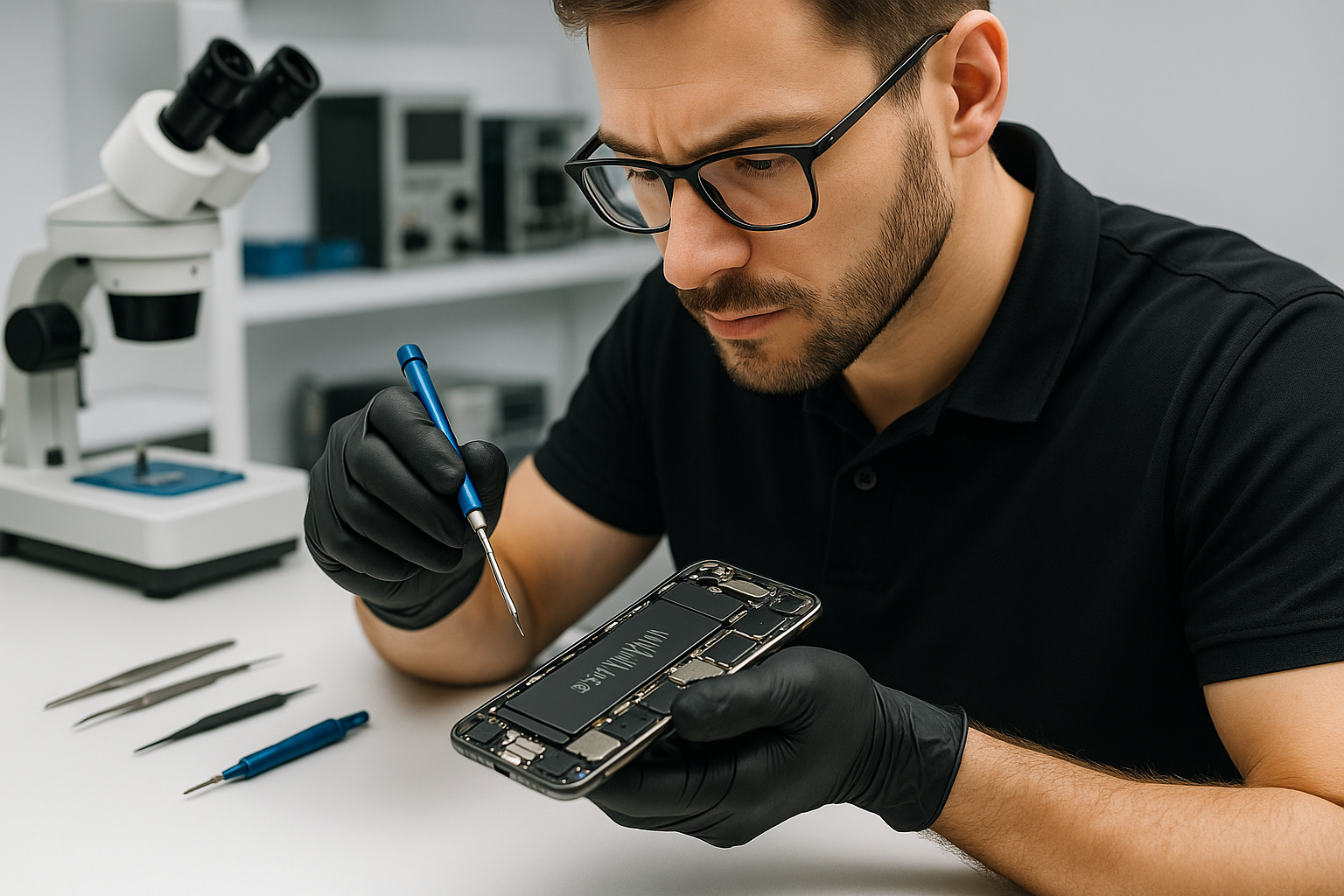 Mobile phone repair tools and disassembled smartphone components on professional workbench